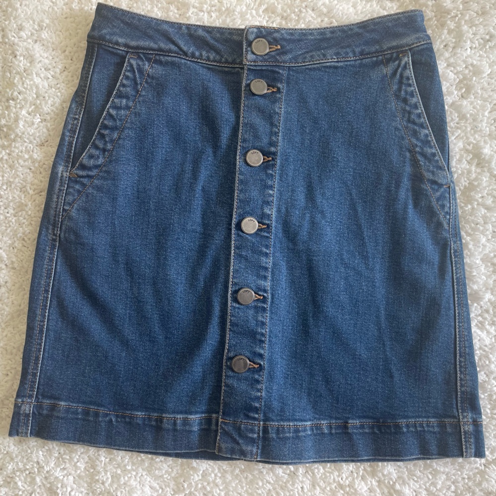 LOFT Dark Blue Denim Mini Skirt with Button Front Detail-size 0